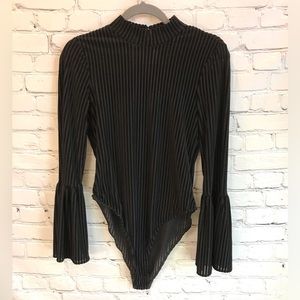 Band of Gypsies Velour Striped Bell Sleeve Mockneck Bodysuit size Small
